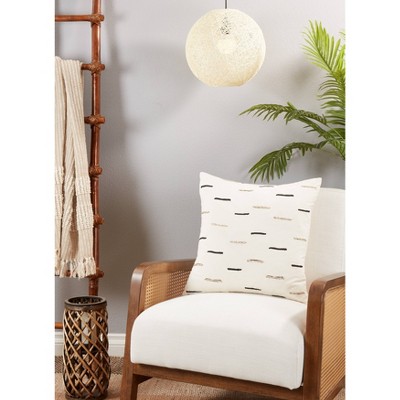 20''x20'' White Cotton Embroidered Dashes Square Pillow Cover