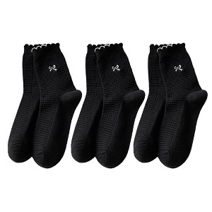Anna-Kaci Women's 3 Pairs Knit Socks with Waffle Texture Bow Embroidery Ruffled Edge Ribbed Cuffs - 1 of 4