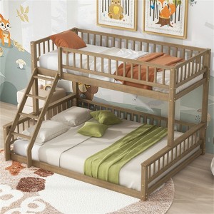 RISOKEYS Twin XL Over Queen Bunk Bed - Wooden Bunk Bed with Inclined Ladder, No Box Spring Needed for Dormitory and Bedroom - Walnut - 1 of 4