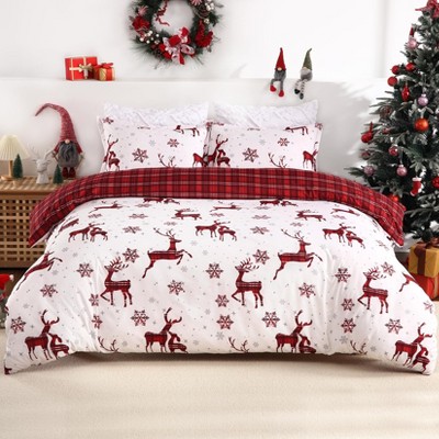 Christmas Duvet Cover, 3 Piece Reindeer Snowflakes Printed Bedding Set, Holiday Theme Soft Comforter Cover Set, Bedroom Decorative Bedding