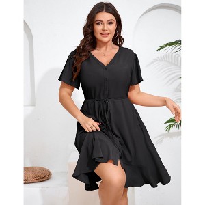 YESFASHION Women Plus Size Button Down V Neck Midi Dress Short Sleeve Ruffle Casual Summer Dress - 1 of 4