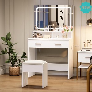 Jojoka Makeup Vanity Desk with LED Mirror, Built-In Power Outlets, 2 Drawers, Hair Dryer Holder, Cushioned Stool, Modern Bedroom Vanity Set - 1 of 4