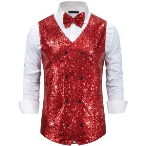 Lars Amadeus Men's V-Neck Slim Fit Double-Breasted Party Disco Prom Nightclub Sleeveless Sequin Vest - 1 of 4