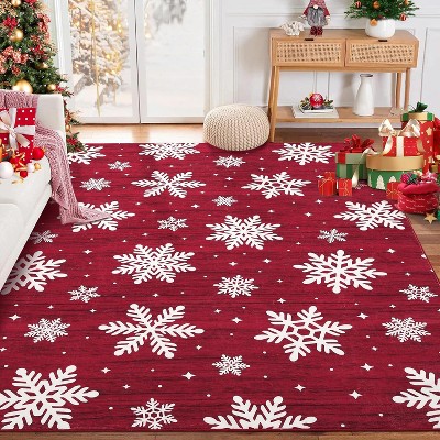8x10 Red Christmas Area Rug, TPR Backing, Washable Low Pile Non-Shedding Floor Mat, Soft Snow Print for Bedroom