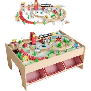 92 Pieces Train Table, Wooden Train Set & Table with 3 Storage Bins, Tracks, Train, Railway, City, Gift for Toddler Boys Girls Ages 3+ - 1 of 4