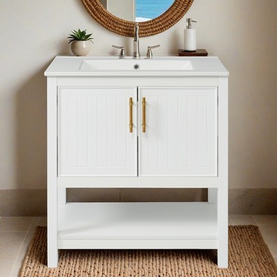 30-Inch White Bathroom Vanity with Ceramic Sink and Versatile Storage - Ideal for Small Bathrooms - Leovsnove