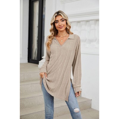 Women's Oversized Collared T-Shirt Dress Longline Split Hem Top with Drop Shoulder//