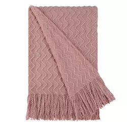 PiccoCasa 100% Acrylic Knit Wave Pattern Soft Lightweight Knitted Blanket with Tassels Fringe Pink 50"x60"