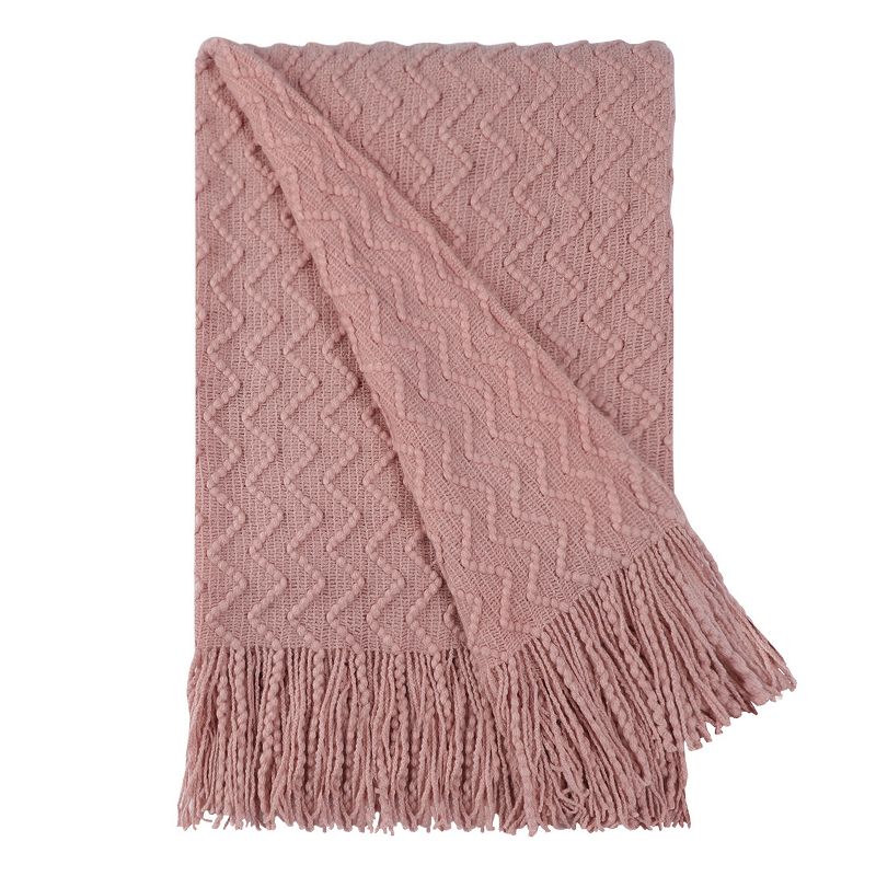 PiccoCasa 100% Acrylic Knit Wave Pattern Soft Tassels Fringe Lightweight Blanket, 1 of 5