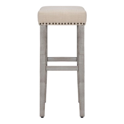 Beige Upholstered Saddle Seat Bar Stools, Set of 2