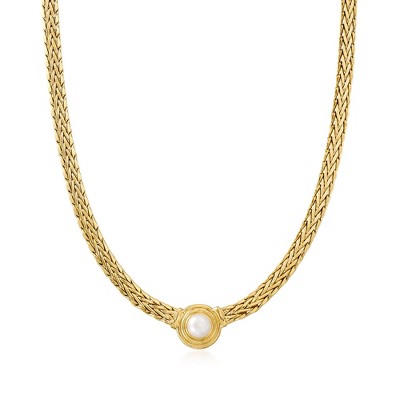 Ross-Simons 8mm Cultured Pearl Flat Wheat-Chain Necklace in 18kt Gold Over Sterling