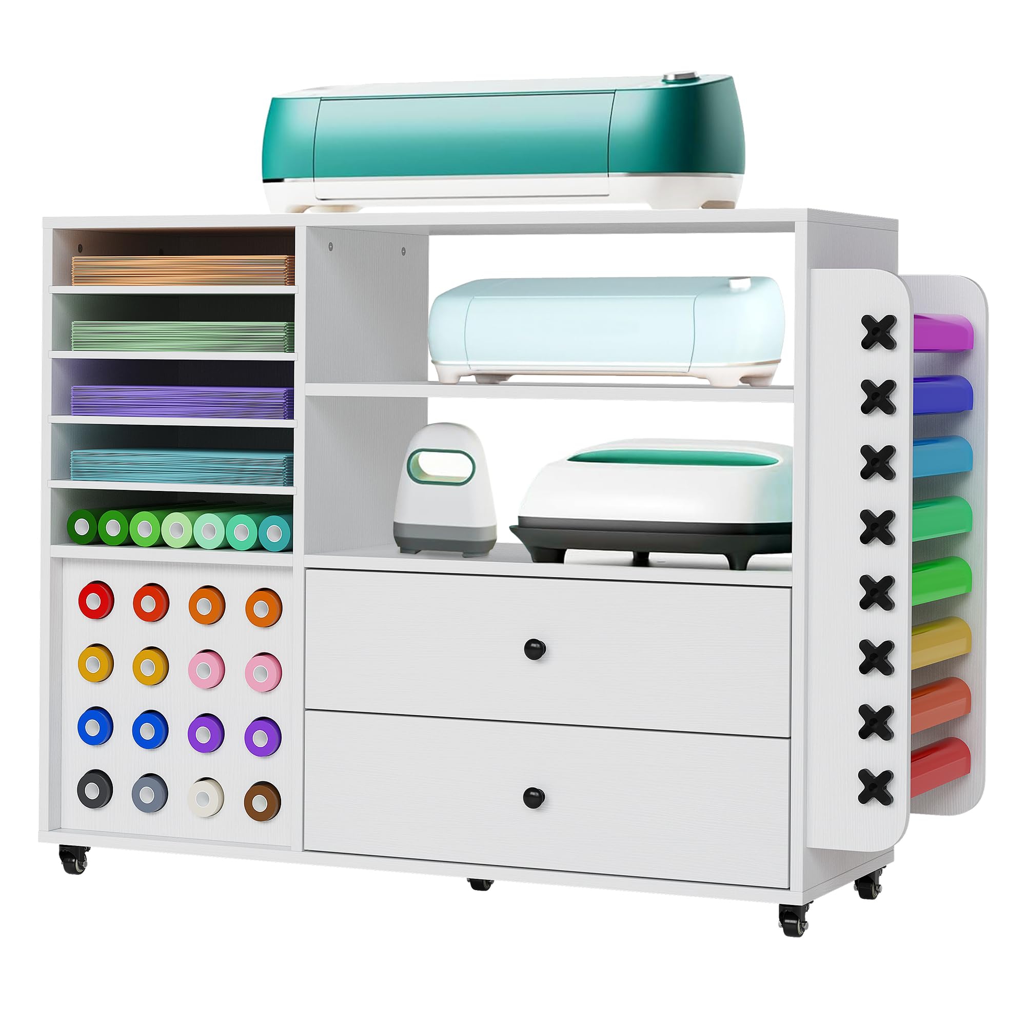 42" Mobile Craft Storage Cabinet with Work Table – 2 Large Drawers & 24 Vinyl Roll Holders, Organizer Cart for Studio & Craft Room