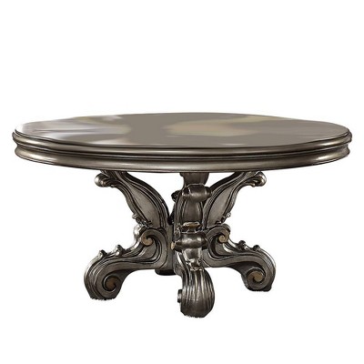 60" Versailles Dining Table Antique Platinum Finish - Acme Furniture: Elegant Pedestal Base, Seats Six, Wood Surface