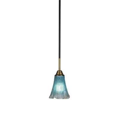 Toltec Lighting Paramount 1 - Light Pendant in  Matte Black/Brass with 5.5" Fluted Teal Crystal  Shade