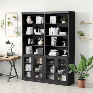 80x62x16 Wood Accent Sideboard Cabinet in Black, Storage Organizer with Adjustable Shelves and Glass Doors for Kitchen Bedroom Living/Dinning Room - 1 of 4
