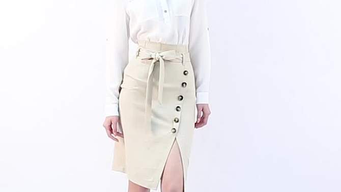 Allegra K Women's Vintage Button Decor Belted Split Front Knee Length Pencil Skirt, 2 of 7, play video