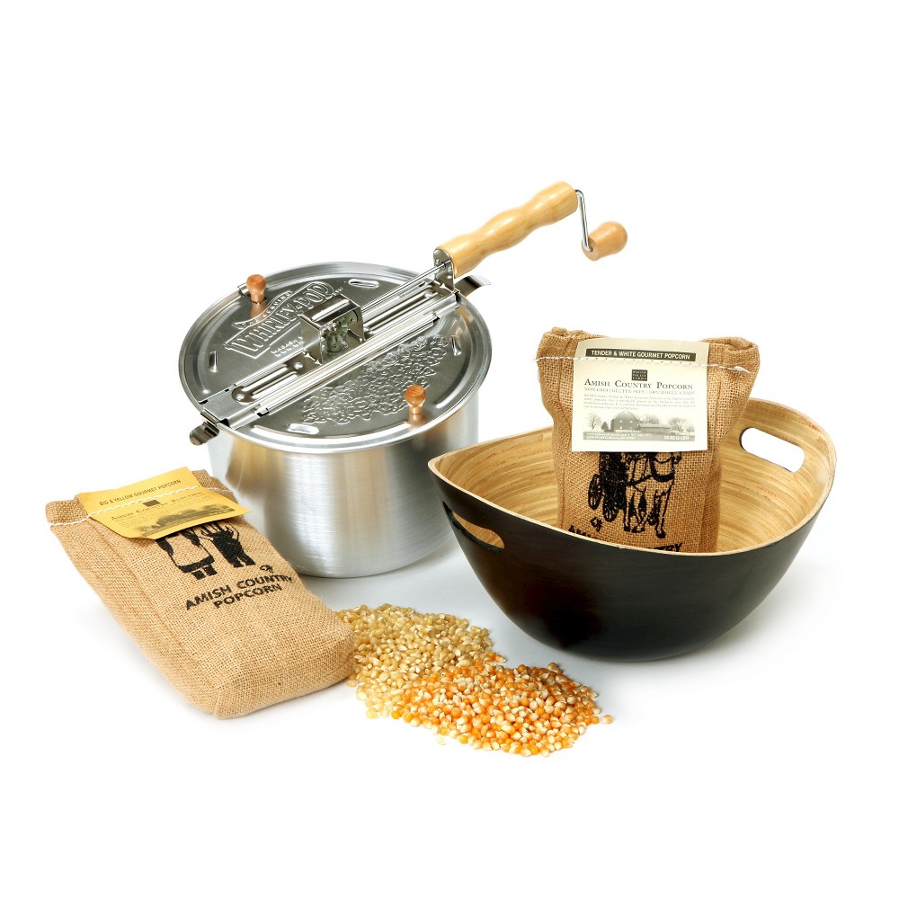 Whirley-Pop Original Stovetop Popcorn Popper with Handcrafted Bamboo Bowl and Amish County Burlap Bag Popcorn - /Charcoal/Yellow/White