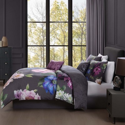Elegant Blossoms Gray Cotton Queen Reversible Comforter Set