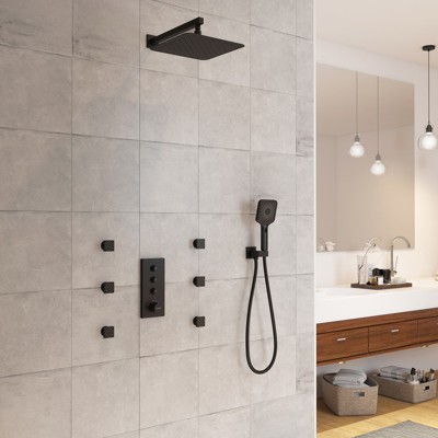 Matte Black 12-Inch Wall Mount Shower System with 6 Body Jets