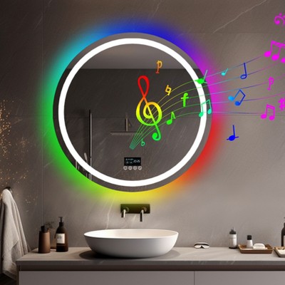 Overlength Rectangle RGB LED Bathroom Mirror w/ Bluetooth Speaker Vanity Mirror for Make Up