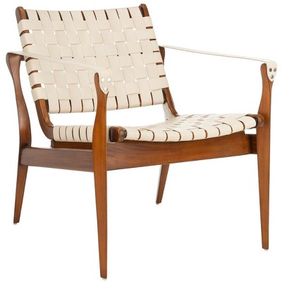 Cream and Mahogany Woven Leather Safari Accent Chair
