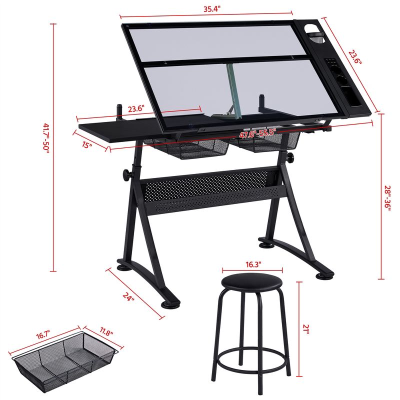 Yaheetech Adjustable Glass Drafting Table & Stool Set Black, 3 of 11