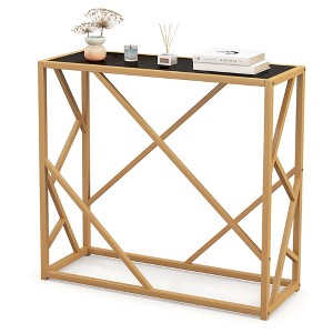 Costway 31.5" Tempered Glass Top Console Table with Foot Pads Golden Heavy-duty Metal Frame - 1 of 4
