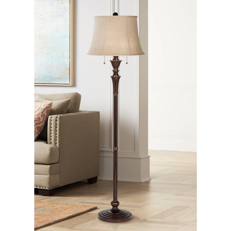 Regency Hill Brooke Rustic Vintage Retro Floor Lamp Standing 60" Tall Rich Bronze Copper Burlap Bell Shade for Living Room Bedroom Office House Home, 3 of 11