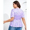 Coolmee Women's Plus Size Shirts V Neck Front Drawstring Casual Tunic Tops Short Sleeve Tightened Waist Floral Print Swing Blouse 3XL Purple - 4 of 4