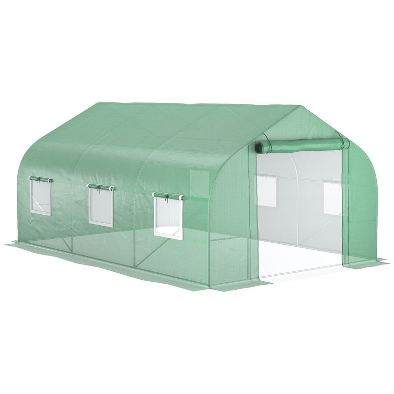 Outsunny 9.8' x 11.4' x 6.8' Outdoor Walk-In Tunnel Greenhouse Hot House with Roll-up Windows, Zippered Door, PE Cover, Green, 1 of 7