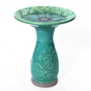 LuxenHome 23" Elegant Tall Ceramic Bird Bath for Outside with Floral Pattern, Jade Green - 1 of 4