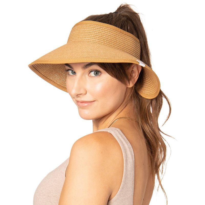 Ocean Pacific Womens Straw Sun Visor Hat, Wide Brim Beach Straw Roll Up Ponytail Hat, Sun Hat for Summer UV Protection Foldable Adjustable (Brown)