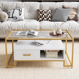 Homhougo Vintage Glass Top Coffee Table with 2 Drawers and Storage Shelf - Rectangle Center Table for Home Living Room, Apartment, Office - 1 of 4