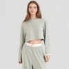 Anna-Kaci Lounge Women's Cropped Button-Up Long Sleeve Pajama Set with Contrast Trim and Wide Leg Pants - 3 of 4
