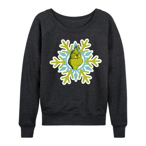 Women's - Dr. Seuss - Grinch Face Snowflake Lightweight French Terry Wide Neck Long Sleeve Shirt - 1 of 4