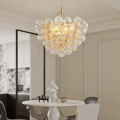 DOMETOUR 27.5 Gold Pendant Light Chandelier with Clear Glass Globe Shade, Adjustable Height, for Living Room, Dining Room, Kitchen (No Bulbs)