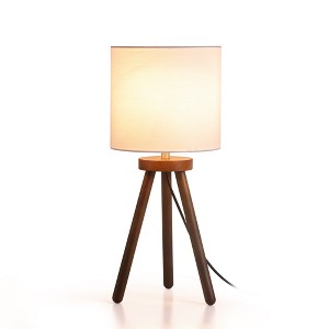 18" Nordic Natural Wood Tripod Table Lamp with Linen Drum Shade for Bedroom, Living Room, Study, Café, Entryway, or Hotel Spaces - 1 of 4