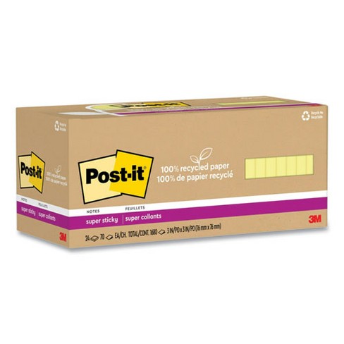 Post-it Notes Super Sticky 100% Recycled Paper Super Sticky Notes, 3" x 3", Canary Yellow, 70 Sheets/Pad, 24 Pads/Pack - image 1 of 4