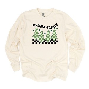 Simply Sage Market Women's Be Jolly Checkered Tree Long Sleeve Garment Dyed Tee - 1 of 2