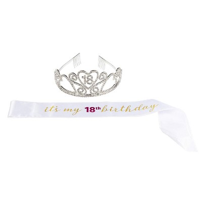 Blue Panda 18th Birthday Set - Rhinestone Queen Tiara with It’s My 18th Birthday Satin Sash