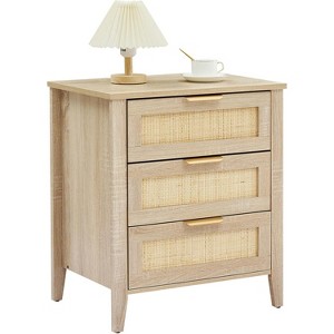 Rattan Nightstand 21.7"L x 15.7"W x 25"H Oak Finish with 3 Natural Rattan Drawers, Solid Wood Legs, Boho Bedside Table for Bedroom & Living Room - 1 of 4
