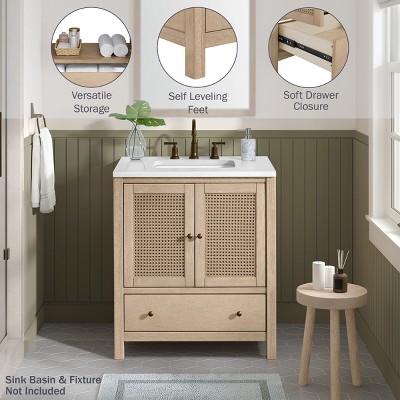 Natural Rubber Wood Freestanding Bathroom Vanity with Rattan Doors
