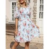 Women's Floral Print Square Neck Puff Sleeve Smocked Ruffle Mini Dress Chiffon Dress - 2 of 4