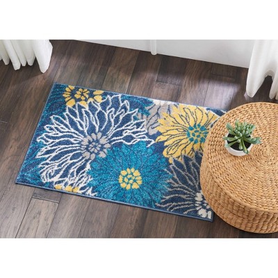 Blue and Yellow Floral Synthetic Easy Care Area Rug