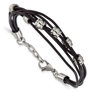 Chisel Stainless Steel Polished Beaded Multi-Strand Black Leather 7.5" Bracelet with .75" Extension - 1 of 4