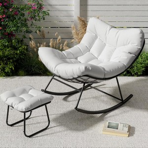 Outdoor Papasan Rocking Chair with Footrest, Oversized Lounge Chair with Ottoman, Patio Rattan Egg Rocker for Balcony Backyard Porch Bedroom - 1 of 4