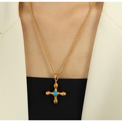 Clotth Vintage Dainty Pendant Necklace, Temperament Versatile Creative Cross Inlaid Tiger Eye Stone, Jewelry Gift for Women