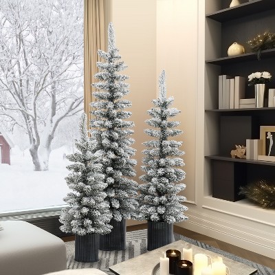 Set of 3 Snow-Flocked PVC Christmas Trees with Metal Pots