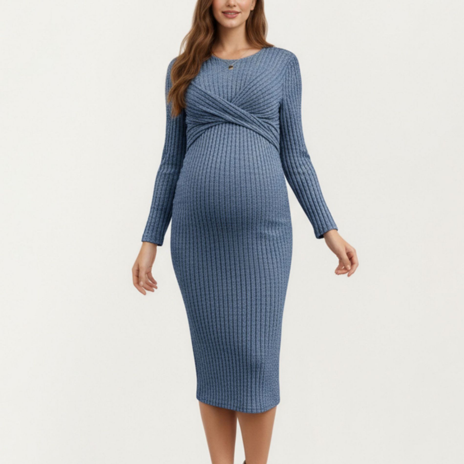 Anna-Kaci Women's Ribbed Knit Maternity Dress with Long Sleeves and Front Twist Detail for Stretch Comfort and a Smooth, Fit