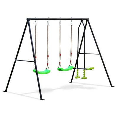 Ruvalino Playground Swings Three Seat Swing Set with Glider and Basketball Hoop for Backyard Fun, Multicolored, 90.55"*62.99"*72.83"